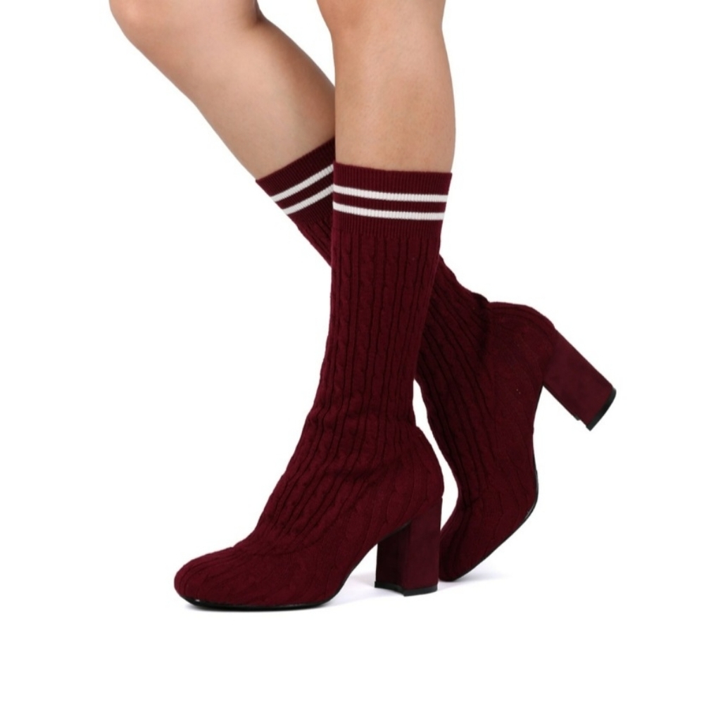 Womens knit sweater chunky heel calf high sock boots
